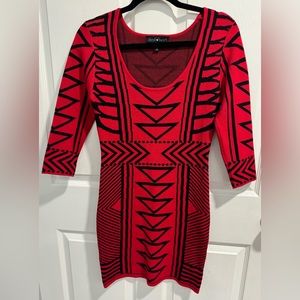 Derek Heart Red Black Geometric Tribal Print Bodycon Sweater Dress. Size L.